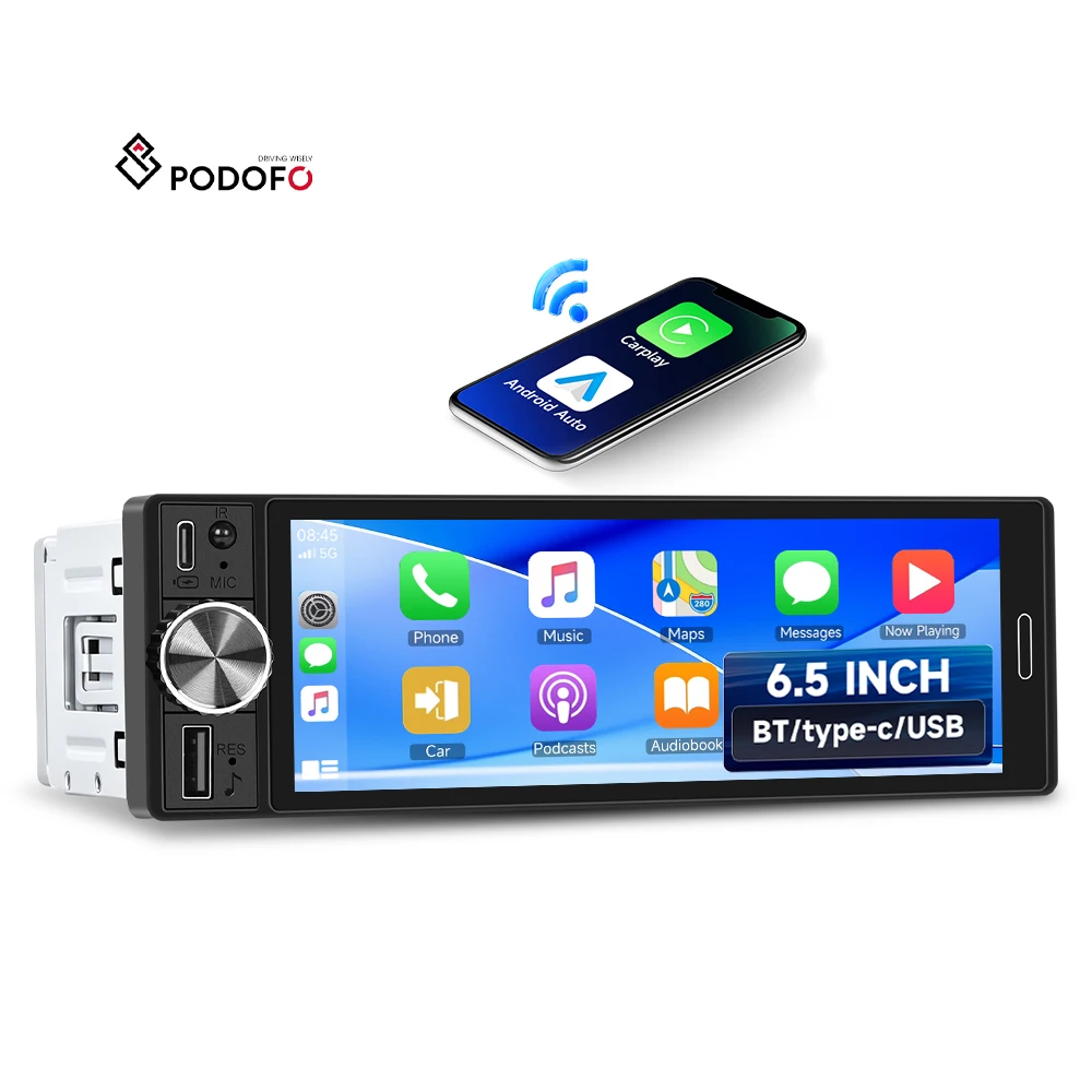 Podofo 6.5'' 1 Din Car Radio With Wireless Carplay & Android Auto BT FM DAB TYPE-C Fast Charge Car MP5 Player Auto Radio ODM/OEM A4684