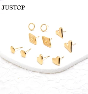 Luxury Gold Plated Stainless Steel Women's Fashion Dangle Heart Statement Stud Hoop Earrings Set for Weddings and Engagements