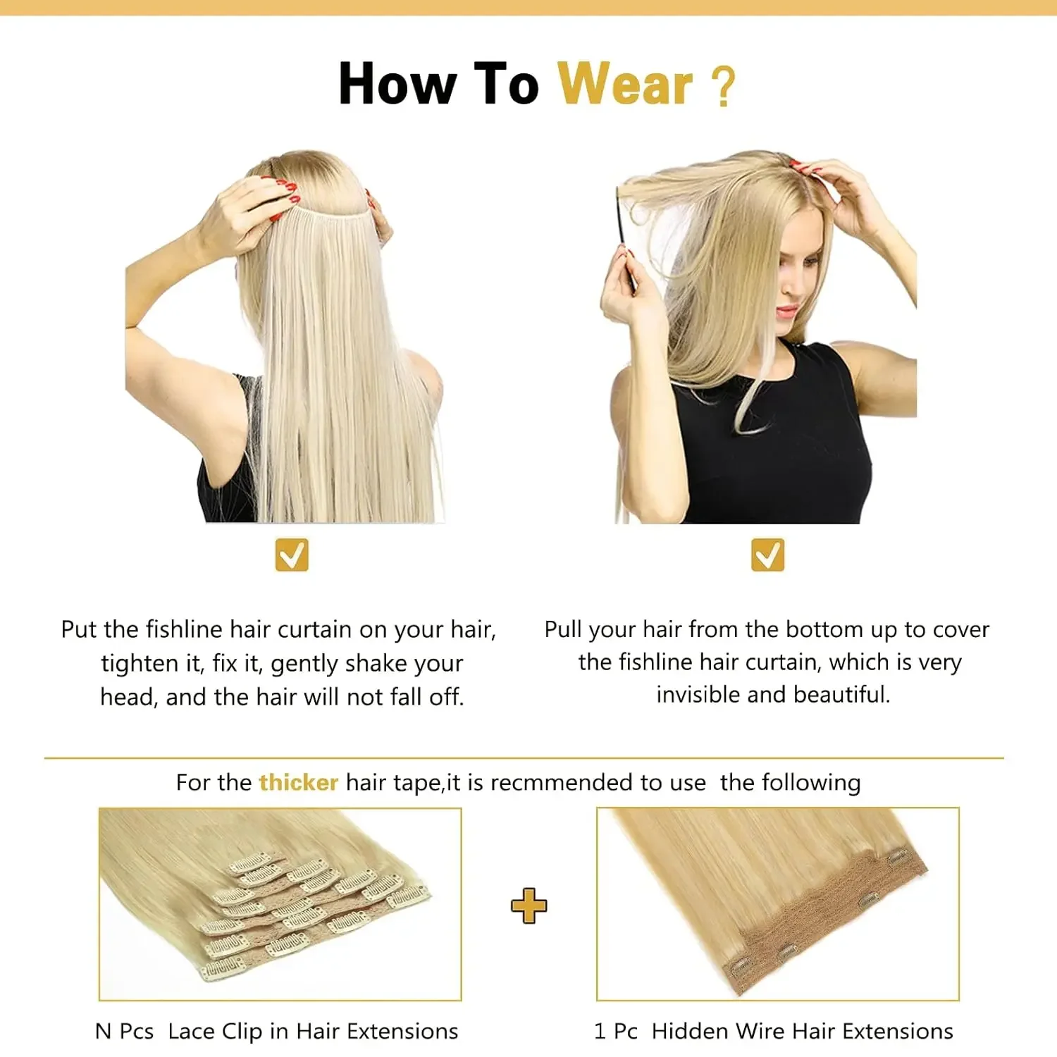 Haarverlängerung mit glattem Draht, Fischschnur, zum Anklipsen, Echthaar, Naturschwarz, 40,6–66 cm, 120 g, Damen_voghion.com