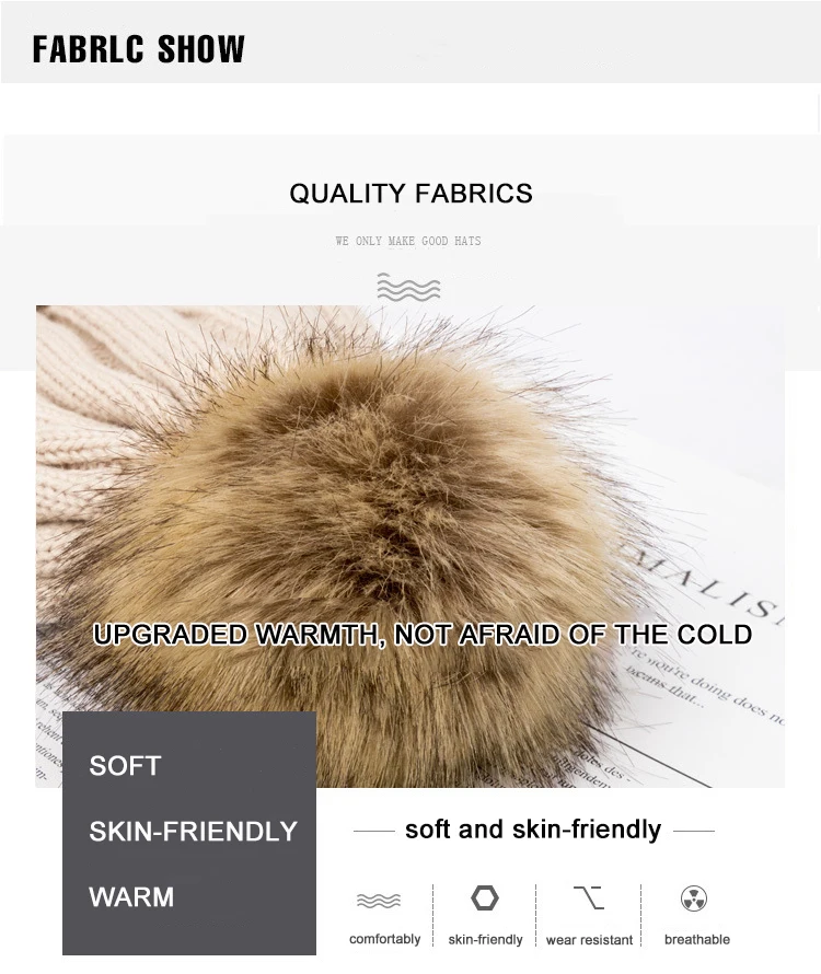 Custom Logo High Quality Acrylic Warm Winter Hats Caps with Thickened Fleece Lining Skullies Pom Pom Knitted Beanie Hat