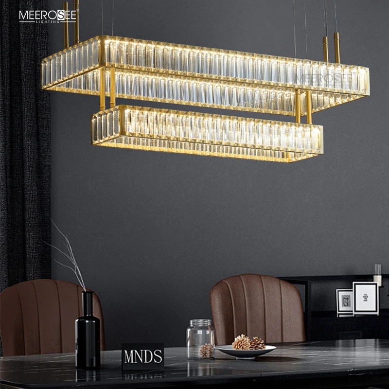 MEEROSEE Golden Pendant Lamp Copper Crystal Chandelier Light Square Rectangle Hanging light for Dinning Living Room MD87222