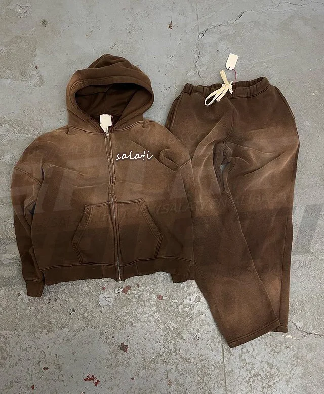 Full Zip up Hoodies and Sweatpants Sets Custom Private Label Plain 100% Cotton Fleece Thick Men Clothing Acid Wash Sweat Suits gallery 7