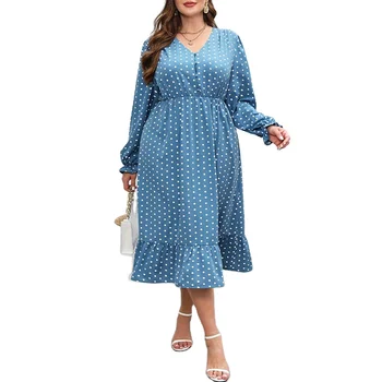Women's High Quality Bohemia A-Line Skirt Dress Retro Point Small Swing Long Sleeved Elegant Hot Selling Plus Size OEM Available