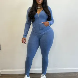 OEM High Quality Acid Wash Skinny Two-Piece Sports Loungewear Zip Hooded Short Legging Workout Sets for Women Manufactured Huili