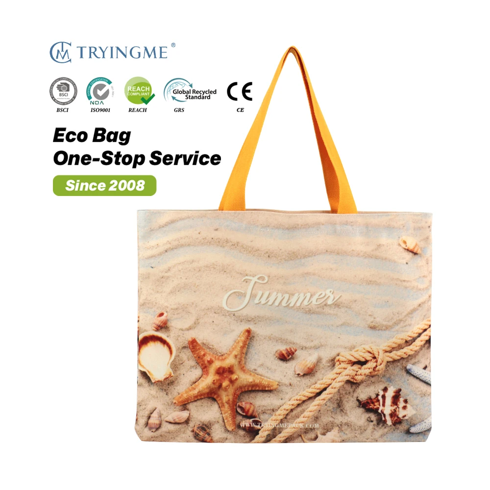 Women's Custom Printed Cotton Canvas Beach Tote Bag with Cotton Rope Summer Reusable Handbag for Shopping