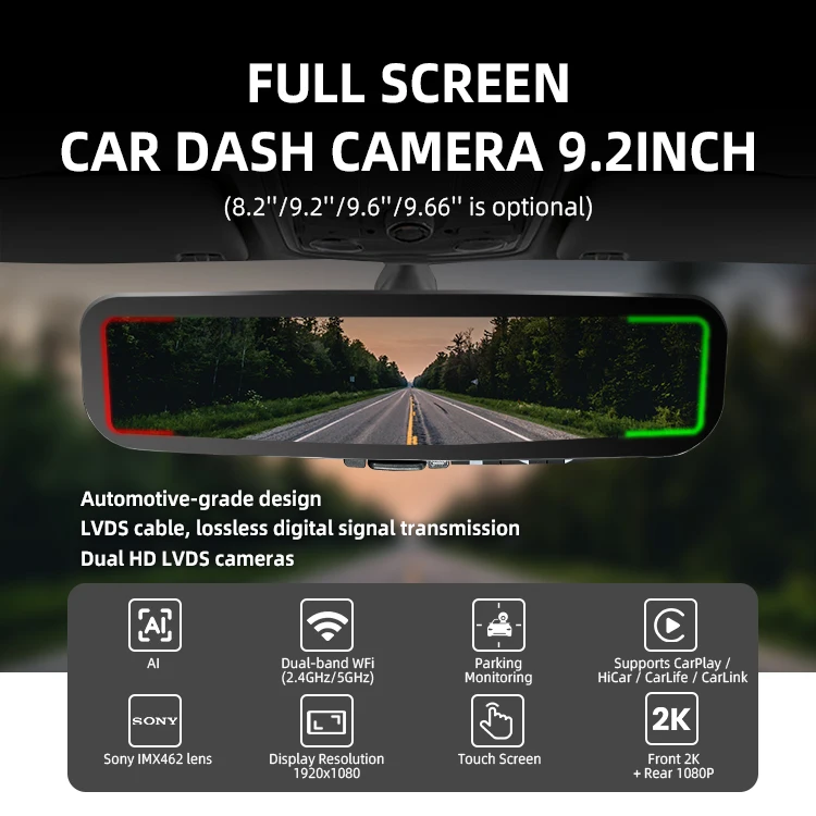 product wemaer for byd m9 lvds dual wifi digital streaming 2k1080p car camera 92 inch full touch screen rearview mirror dashcam-1