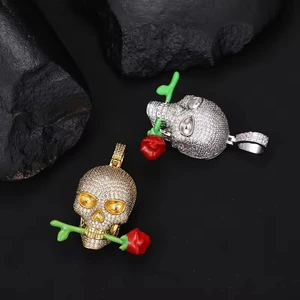 High Quality Jewelry Design Iced Out Cubic Zircon Luminous Skull Withe Roses and Flower Rope Pendant Necklace for Men