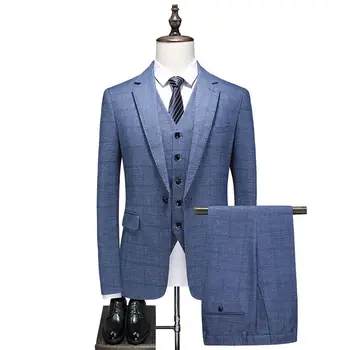 Plus Size Men Plaid Suits 4 Colors Single Breasted Formal Wedding Business Tuxedos Men's Suits 3 Pieces Blazer Vest Pants Set