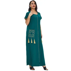 Middle East Muslim Women's Robe Summer Round Neck Short Sleeve Tassel Design Long Dress