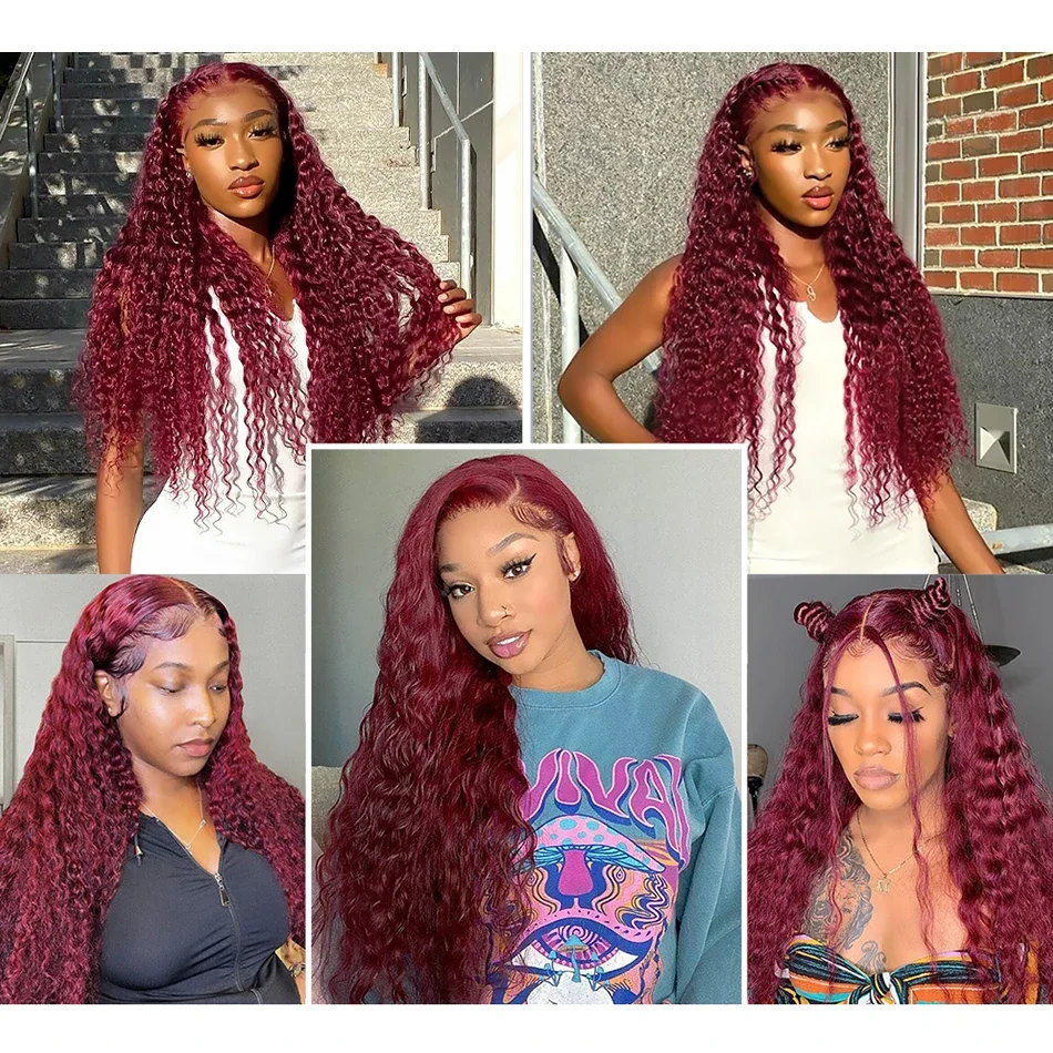 Wasserwelle 99J Burgunderrote Lace-Front-Perücke Transparente tiefe Welle 13x4 Lace-Frontal-Perücke Rot Lockige Farbige Echthaar-Perücken für Frauen_voghion.com