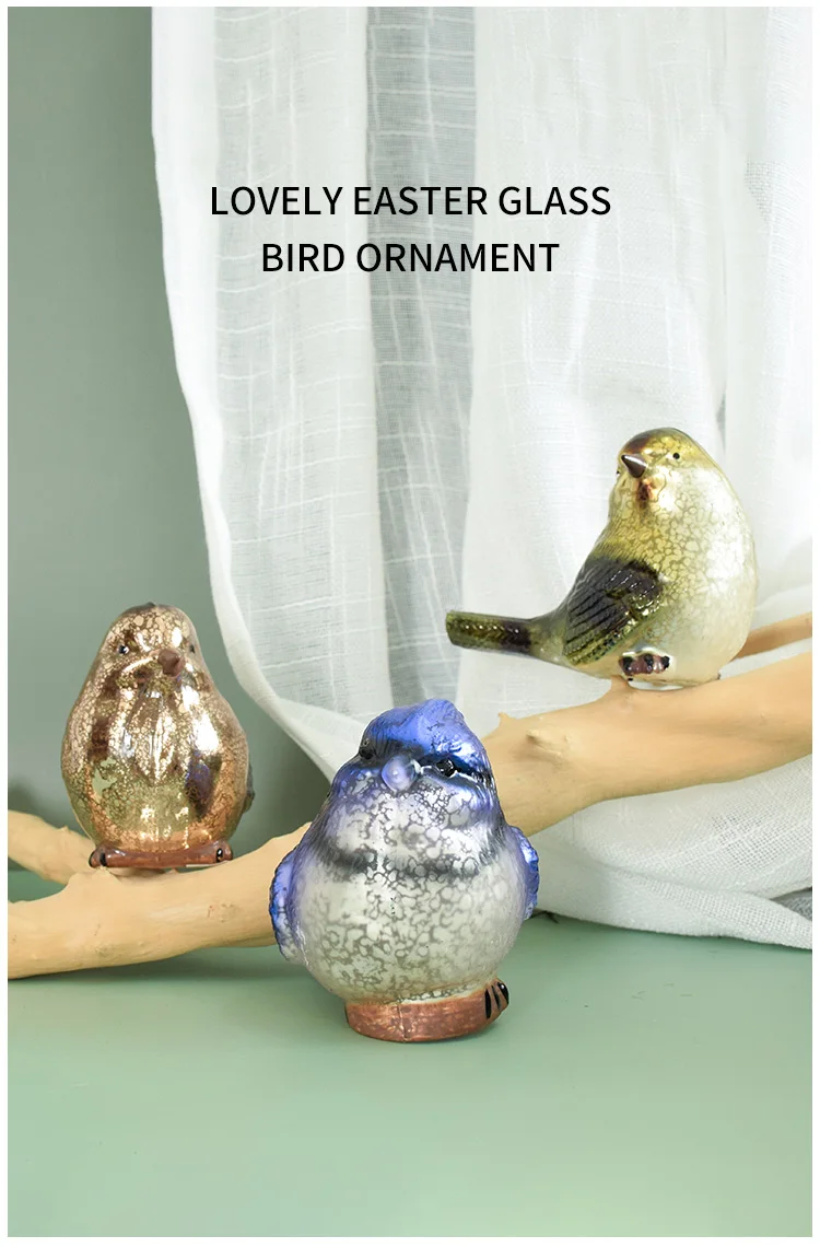 Custom small colored decorative mercury hand painting blown glass animal bird figurines Easter ornaments for sale factory