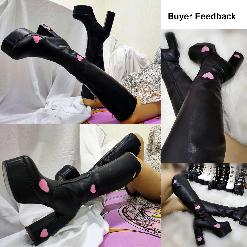 Gotrays Brand Candyfloss love Knee High Platform Boots Chunky High Heels  Trendy Party Dress Heart Print Shoes Autumn Woman