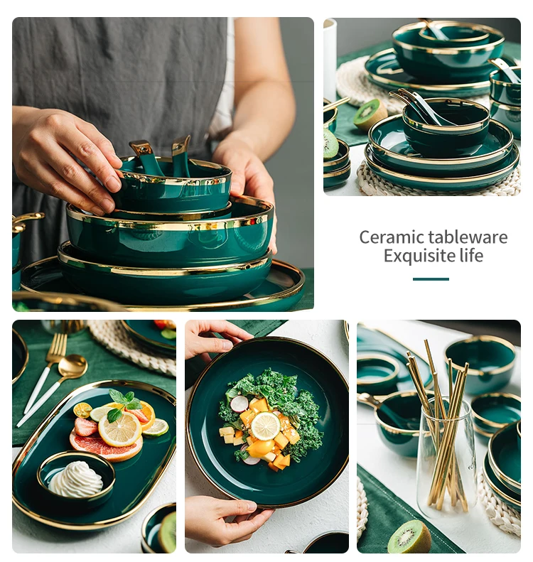 Emerald Green Dinnerware Gold Rim Tableware Set Ceramic Home Rice Bowl