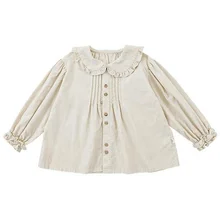 OEM ODM 100% Cotton Little Girls Pleated Blouses&shirts Wholesale Kids Girls Polo Shirts Beige Corduroy Ruffles Blouse