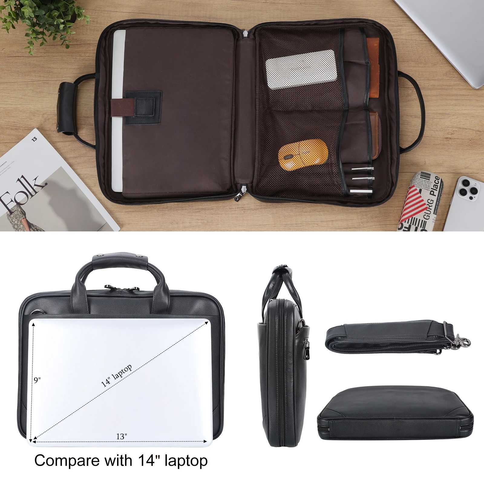 Black Full Grain Leather Cow Skin 14 Inches Case Messenger Business Bag Men Genuine Leather Computer Laptop Briefcases