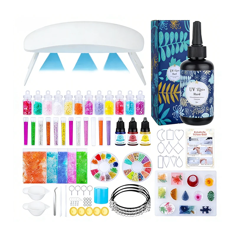 TOYSRUNNER DIY Jewelry Kit Play Resin Crystal Clear Hard UV LED Lamp Silicone Molds Glitter Foil Flowers Pendants Keychains