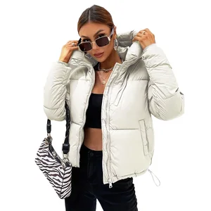 New 2026 Women's Winter Thick Short Casual Jacket with Stand-Up Collar and Zipper Solid-Color Winter Warm Bubble Crop Jacket