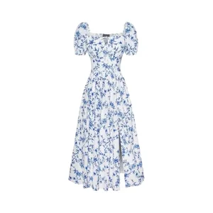 Scarlet Darkness Cottagecore Worsted Floral Woven Dress Women Long Split Milkmaid Corset Button Decor Summer Digital Printed