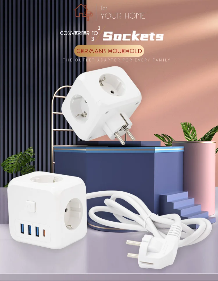 Portable Cube Multi-Plug Power Adapter with 3 Outlets 3 USB Ports Home ...