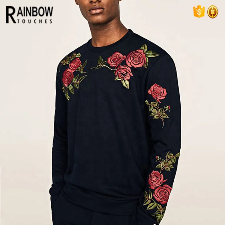 Custom Mens Long Sleeve Crewneck Visual Rose Embroidered Sweatshirt Cotton
