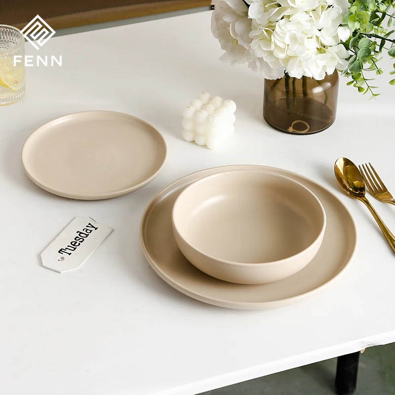 Noedic Style Assorted Colors Concise Design Beige Brown Glazed Catering Plate Ceramic Dishes Plates Bowls Sets For Wedding