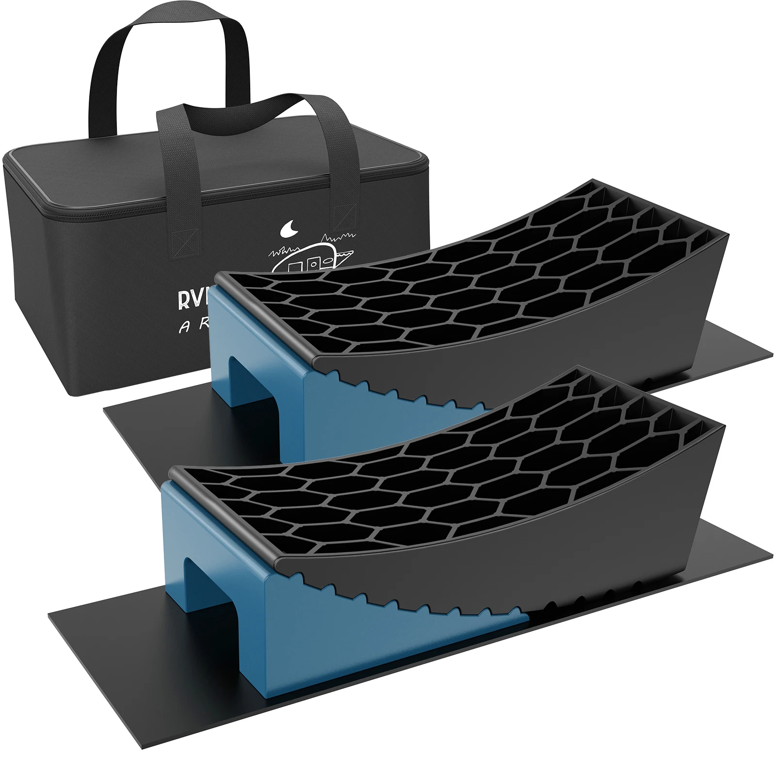 RV Curved Leveler with Blue Wheel Chock and Antislip Mats,Camper