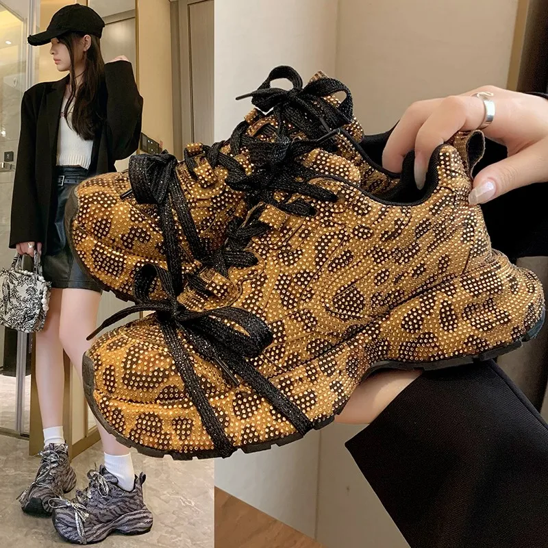 Dropshipping Custom Logo Rhinestones Leopard Print Designer Shoes Women Chunky Platform New Styles Walking Style Sneakers