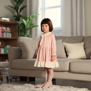 Children Korean Western Style Pejama Dress O-Neck Lace Collar Long Sleeves Solid Pattern Casual Autumn Eco-friendly Embroidered