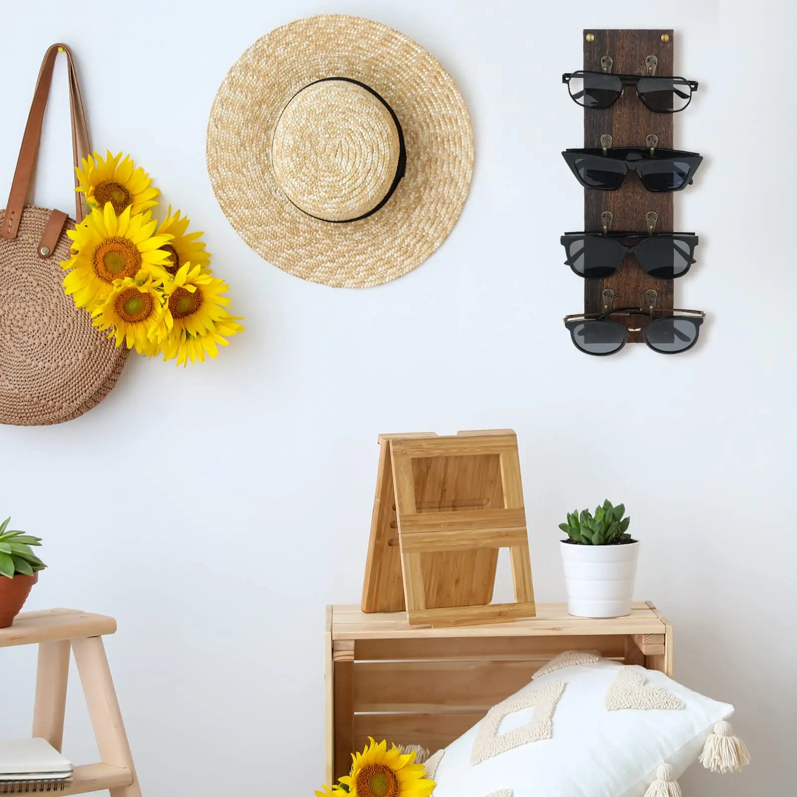 product rustic wooden sunglasses holder wall mounted eyeglasses organizer rack for 4 pairs glasses display storage wall decoration-8