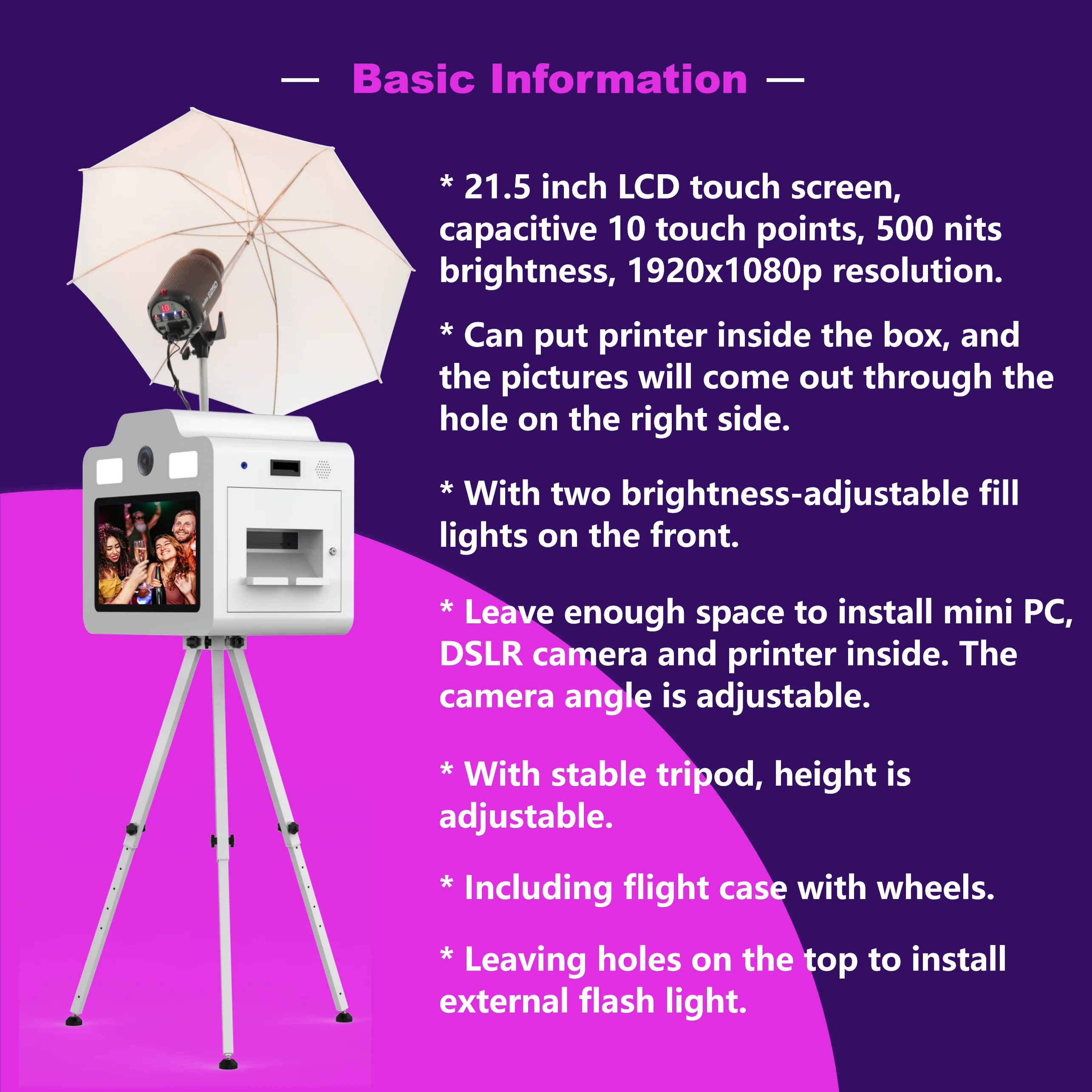 21.5 Inch Instant DSLR Photo Booth Suitable for Instant Photography and Compatible with Printer Minipc  for Party Wedding