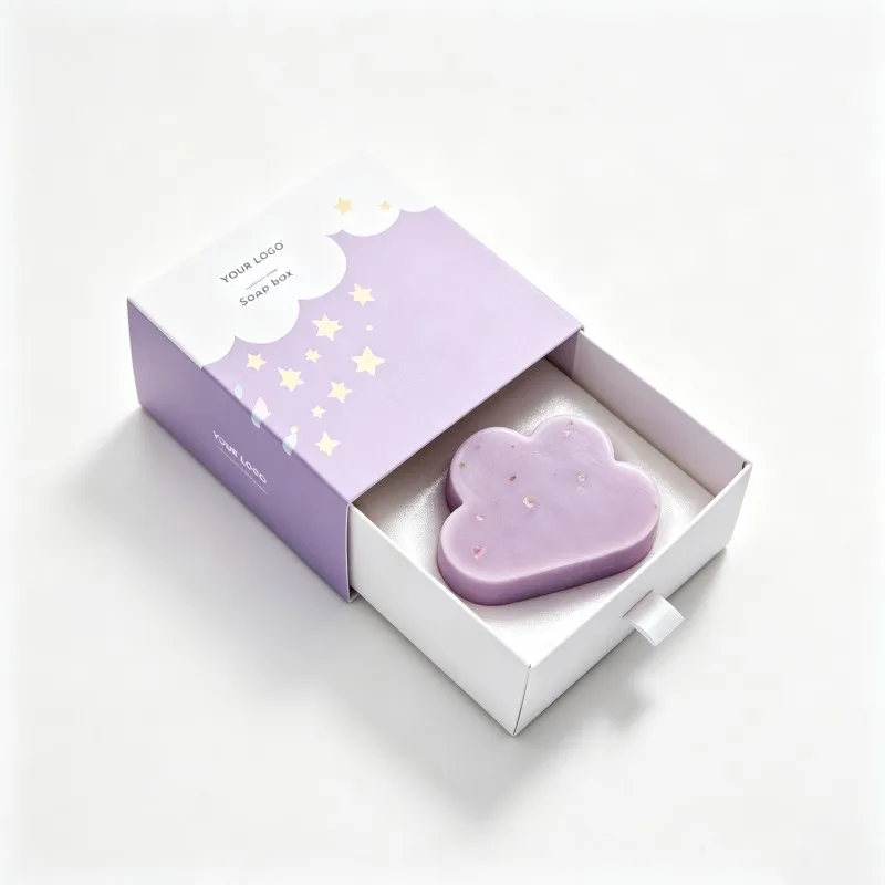 Cutie de ambalaj pentru săpun de baie natural, făcut manual, cu desen de nor, tip sertar, din hârtie acoperită, cu laminare mată UV și design gravat pentru cadou