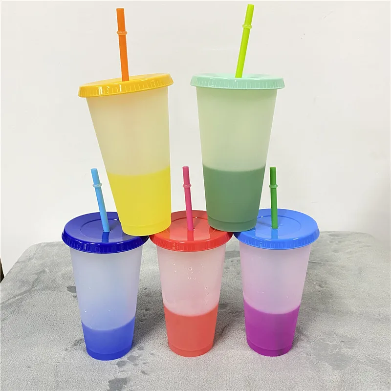 Многоразовые дорожные чашки 24 унции 16 унций пластиковые бутылки для воды кофейные кружки термочувствительность градиент питьевая меняющая цвет