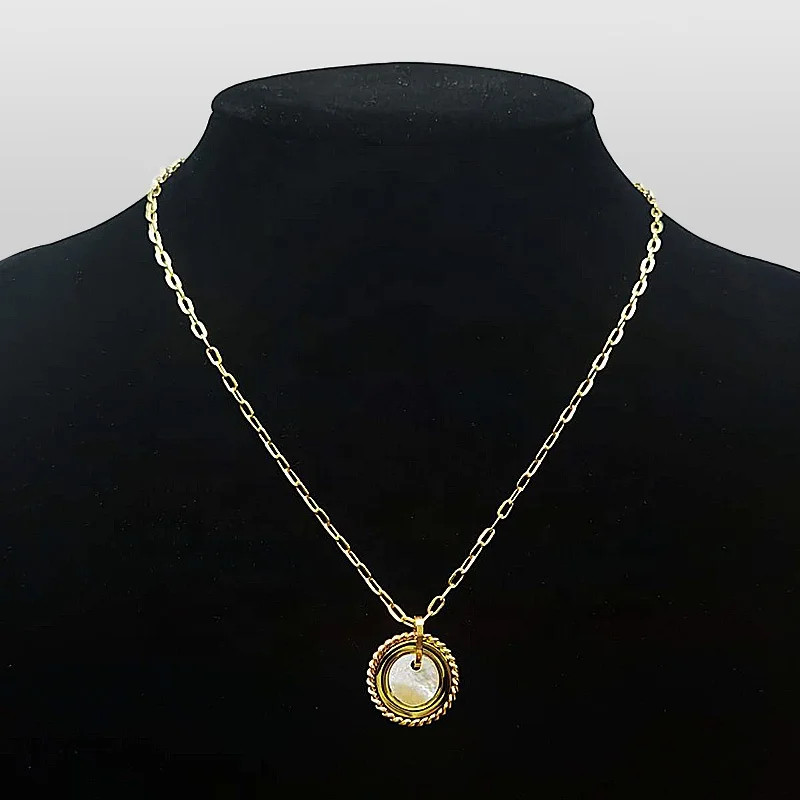18K Gold Plated Stainless Steel Jewelry Oval Chain Twist Metal Round Card Shell Pendant Accessories Necklaces P223289