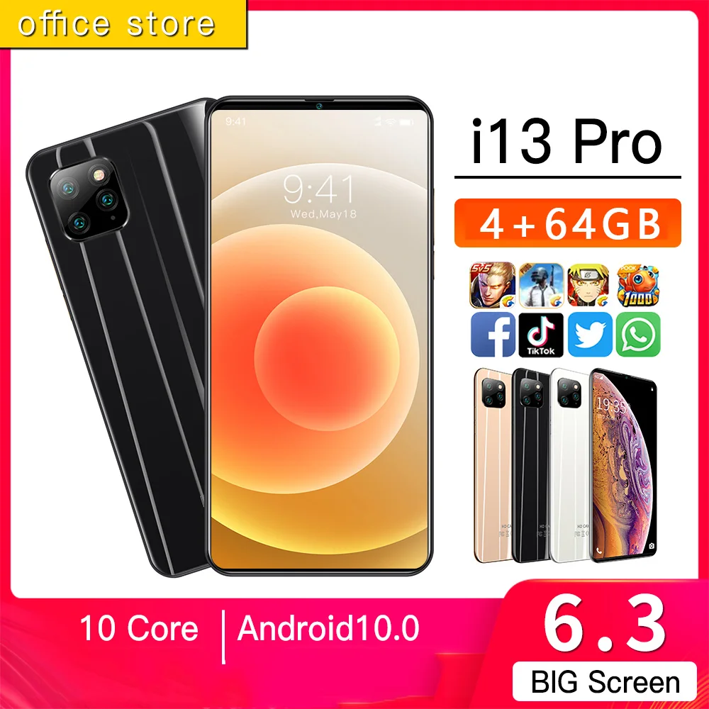 Дешевый мобильный телефон i13pro с функцией распознавания лица, HD-экран 6,3 дюйма, 5g, высококлассный мобильный телефон 4 + 64 ГБ, модный мобильный телефон