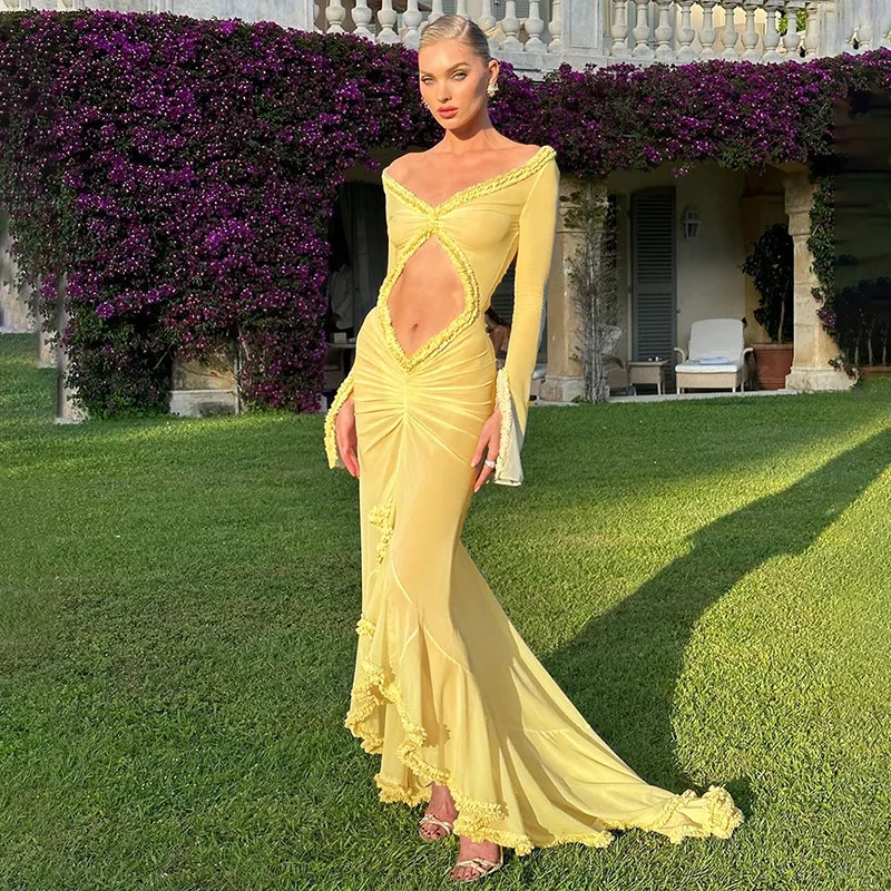 2024 Summer See Through Long Sleeve Hollow Out Mesh Deep v Neck Mermaid  Maxi Dress Ladies Long Dresses Women
