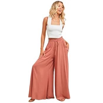Women's High Waist Long Pant Side Pockets Elastic Waist Closure Loose Fit Office Pants Summer Wide Leg Street Trousers Ladies