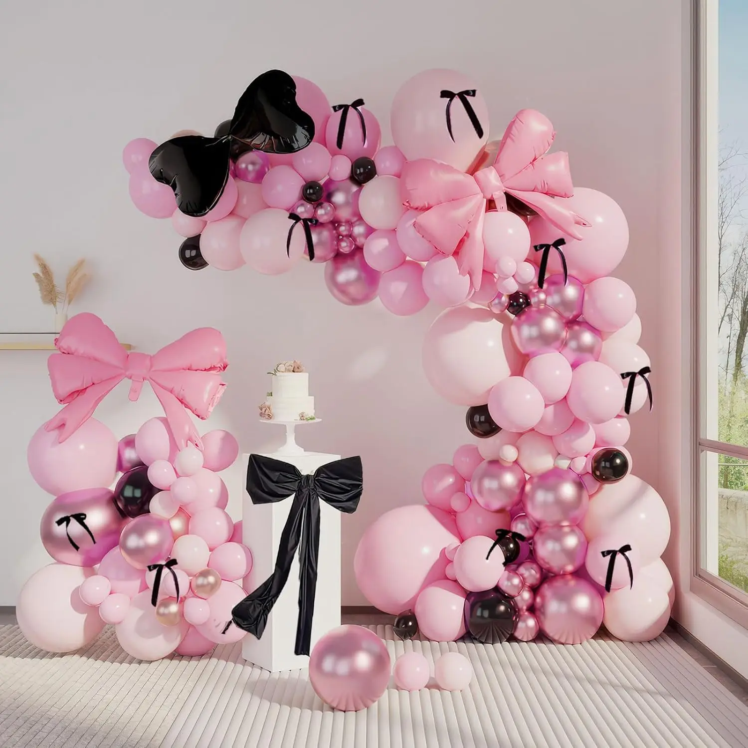 150pcs Pink black Bow balloon garland arch kit bow tie and bow mylar balloons for Girls Birthday Decorations