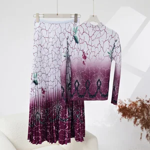 High Quality Women's Pleated Set Stretch Printed Top A-Line Skirt Miyake Fashionable Women's Two-Piece Set