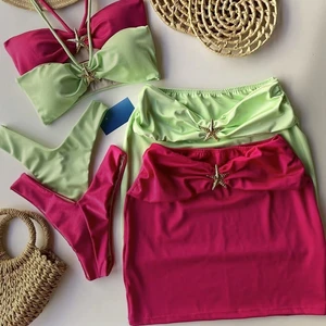 2026 Three Piece Halter Sexy Solid Color Spandex/Nylon Bikini Set with Skirt Women Swimwear Outfit