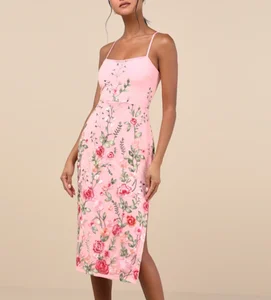 Women's Summer Casual Floral Print Dress Sleeveless Pink Midi Slit Dress