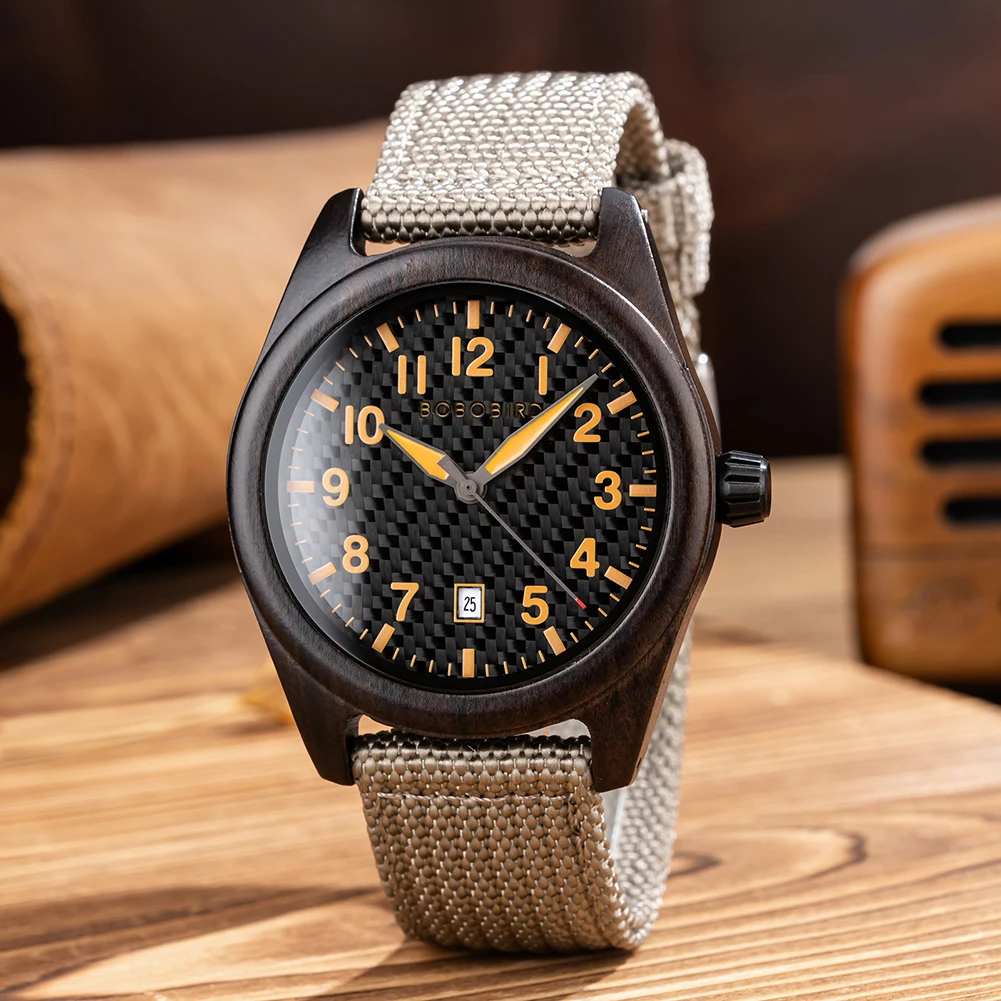 quickshipment High Quality Japanese Quartz Movement Carbon Fiber Pattern Dial Multicolor Optional Nylon Strap Quartz Wood Watch