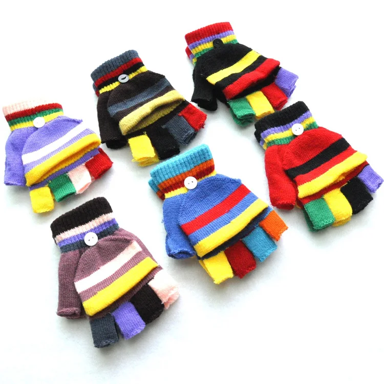 Милые мягкие пользовательские детские зимние полосатые вязаные перчатки с откидной крышкой без пальцев для мальчиков и девочек