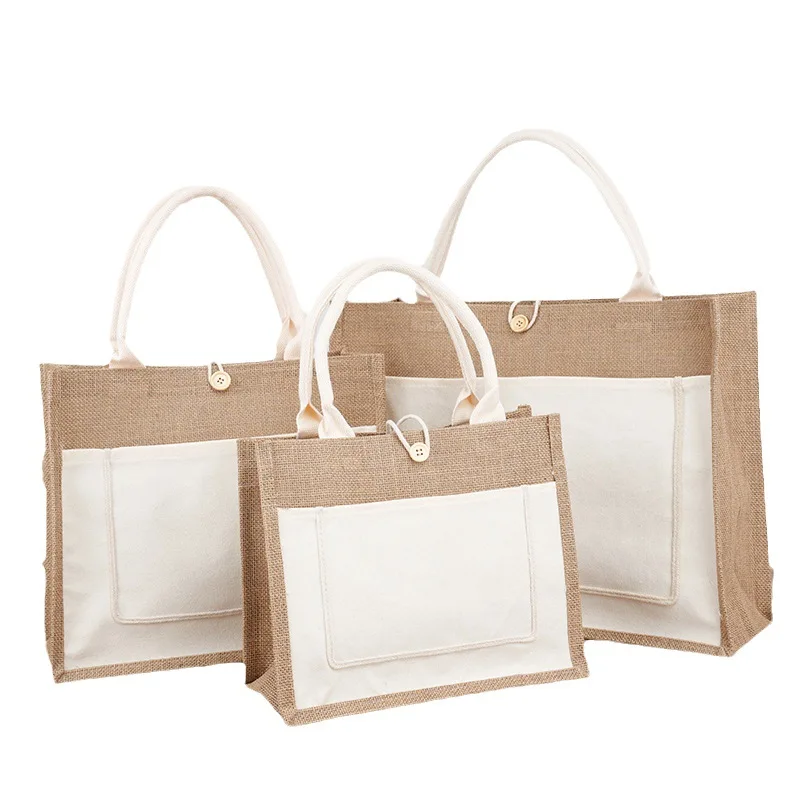 Custom Sublimation Printing logo Reusable Burlap Handbag Jute Portable Shopping Gift Bag Women Waterproof Linen Tote Bag