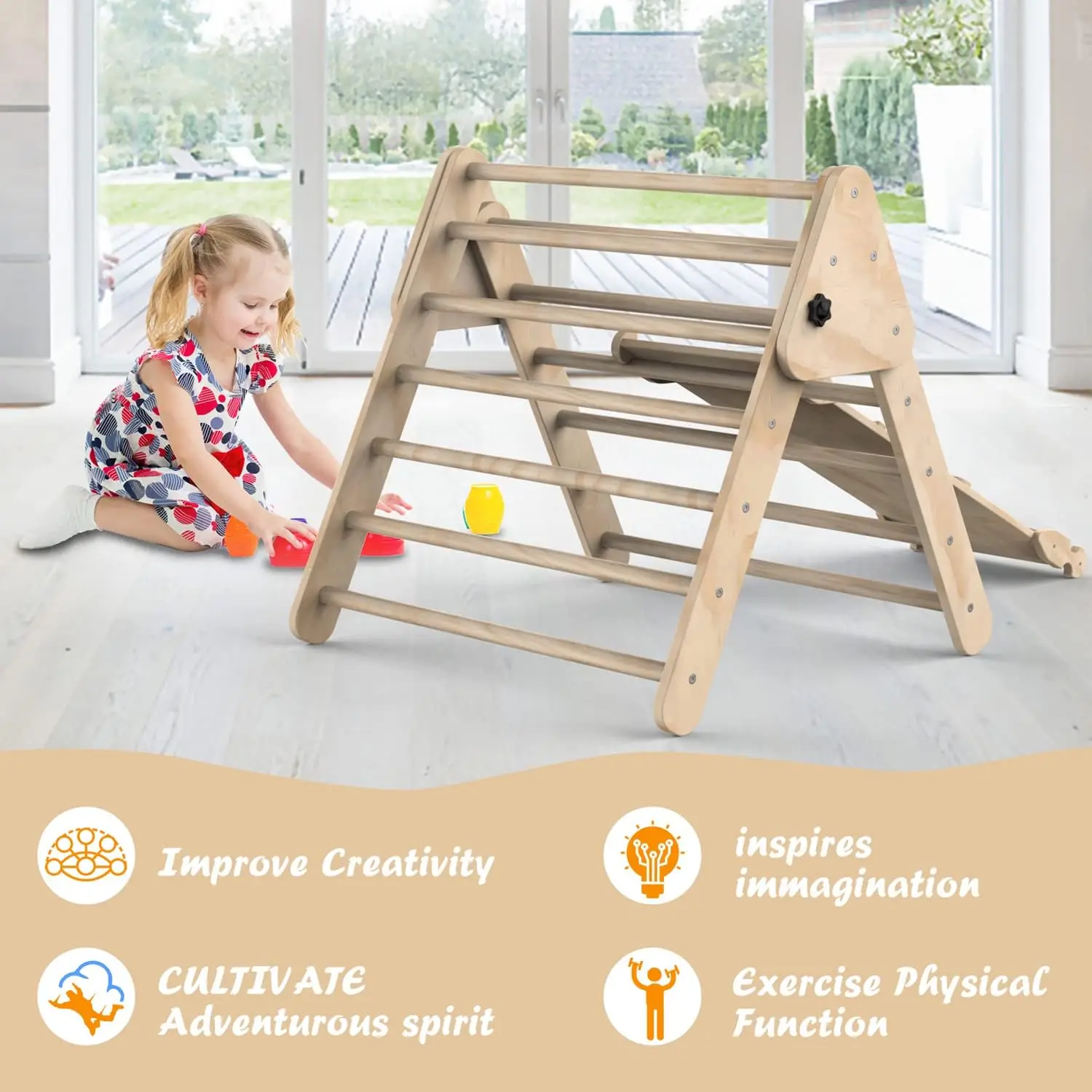 Climbing Triangle Set with Ramp Indoor 3 in 1 Wooden Kids Triangle Children Climbing Frame with Ladder