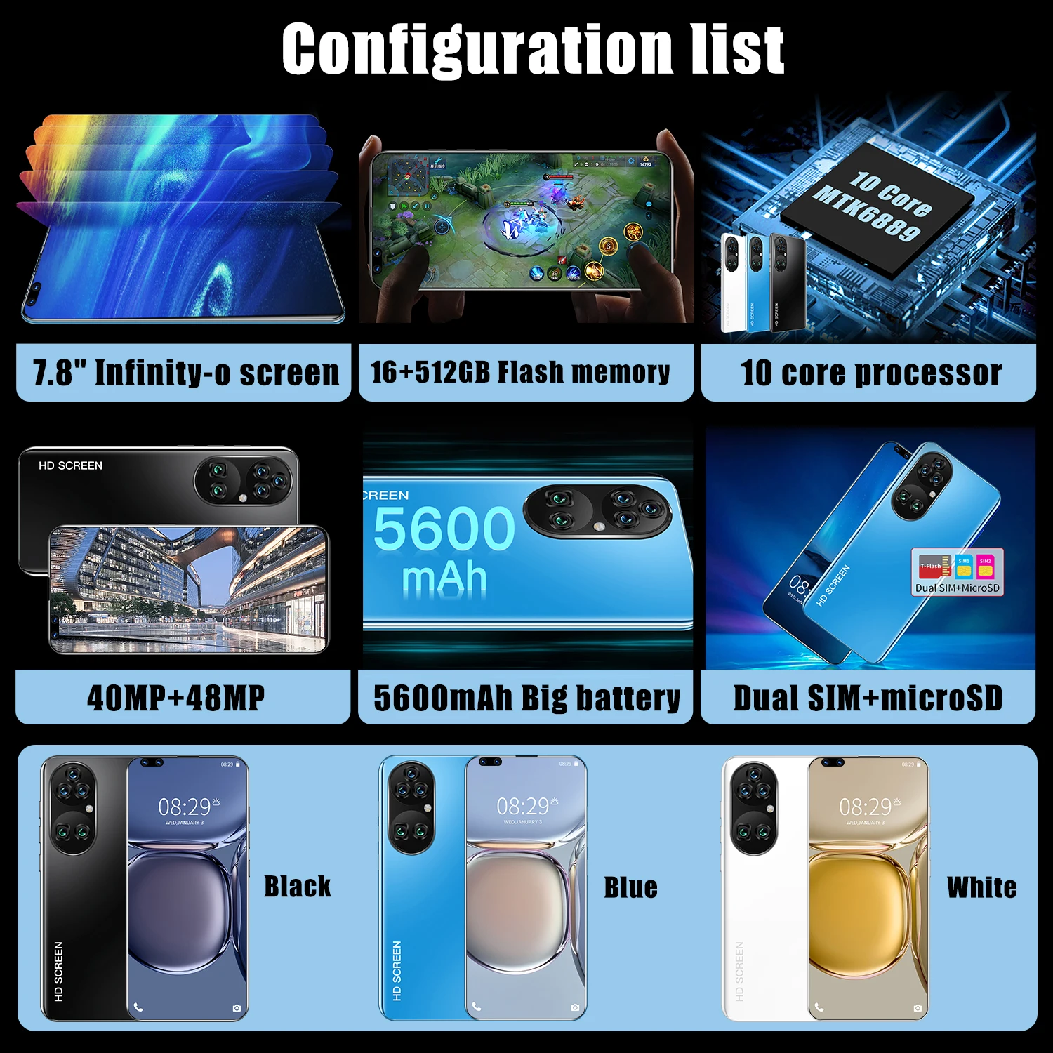 2021 Новый P60 Pro 7,8 полноэкранный Deca Core мобильный телефон 16 ГБ + 512 Гб двойная карта Глобальный Telefones Celulares смартфон