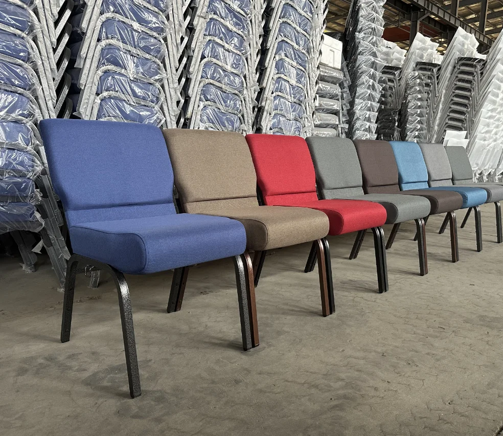Modern Fabric Iron Padded Church Chair Stackable with Under Rack for Prayers in Church School & Hospital