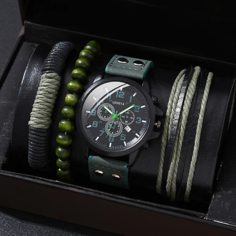 Luxury Men's Watch Set - Fashionable Brown Leather Bracelet