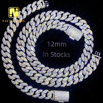Ready Stocks 12mm Moissanite cuban Bracelet Monaco Chain18k Gold Plated Necklace Silver Cuban Link Chain