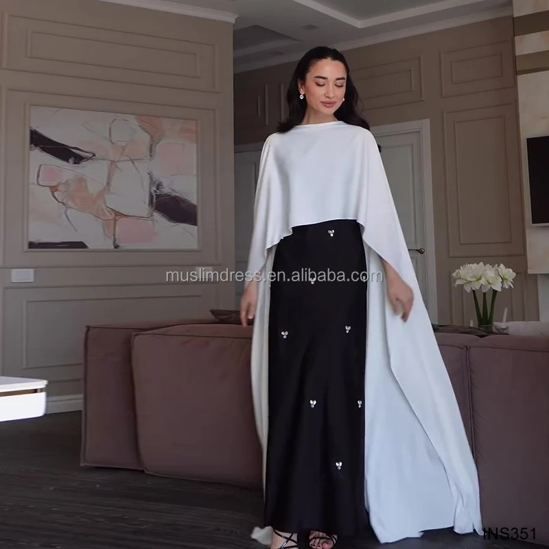 open lace back dress Mesh Flower Bead Open Abaya and Satin Interior Dress 2-Piece Set main image 1