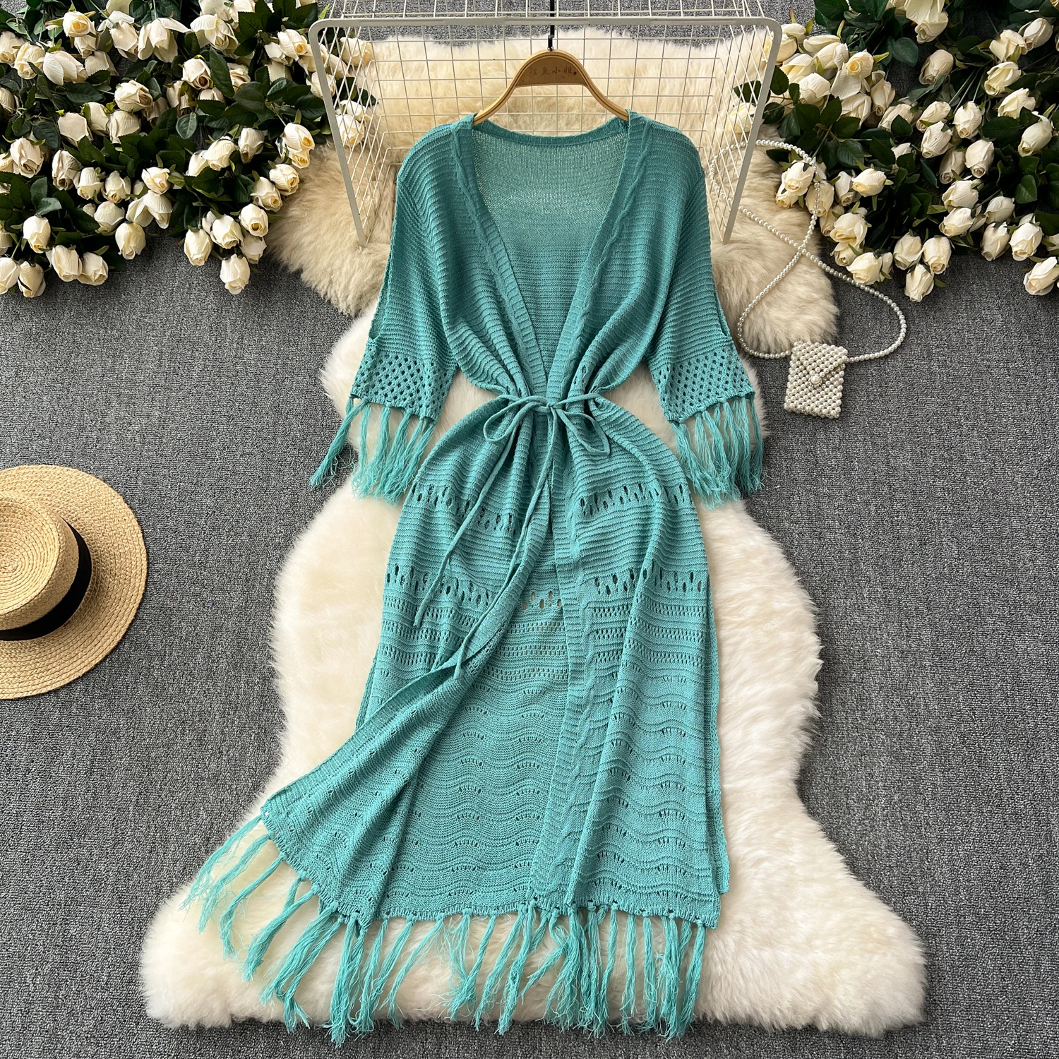 Korean Tunic Casual Midi Dress for Women Empire Hollow Out Tassel Lace Dress Black White Korean Tunic Casual Midi Dress for Women Empire Hollow Out Tassel Lace Dress Black White